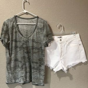 Women’s M Camo top with 29 white jean shorts